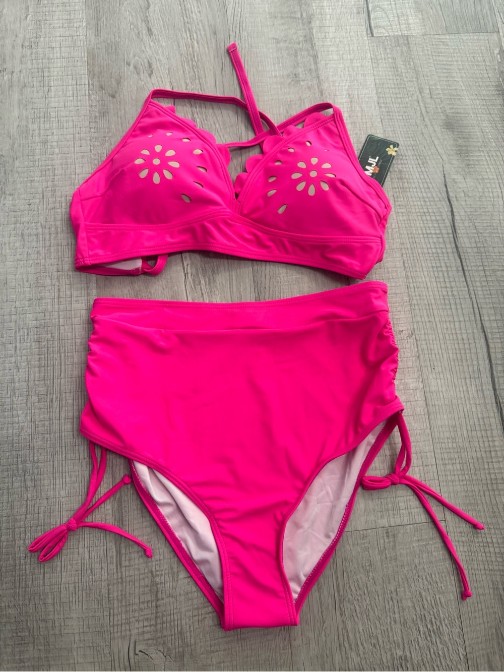 High-Rise Hot Pink Bikini Set with Laser-Cut Detail